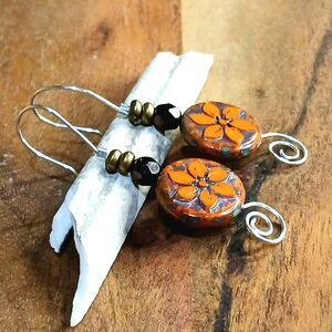 Floral Czech Glass Beaded Earrings, Dangle Drop Earrings, Boho Flowers Autumn